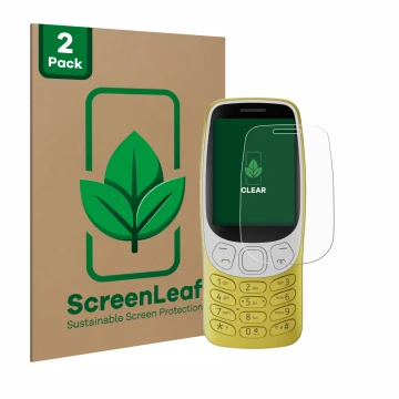 Vorderseite einer Produktverpackung mit dem Markenlogo ScreenLeaf. Daneben ist das Gerät Nokia 3210 mit dem zugehörigen Displa