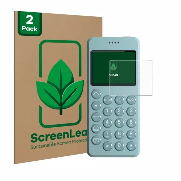 Vorderseite einer Produktverpackung mit dem Markenlogo ScreenLeaf. Daneben ist das Gerät Punkt MP02 mit dem zugehörigen Displa
