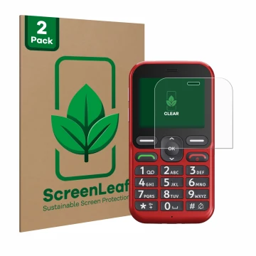 Vorderseite einer Produktverpackung mit dem Markenlogo ScreenLeaf. Daneben ist das Gerät Doro Leva L10 mit dem zugehörigen Dis