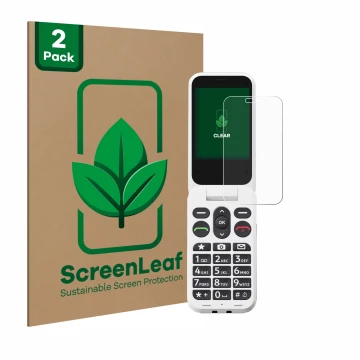 Vorderseite einer Produktverpackung mit dem Markenlogo ScreenLeaf. Daneben ist das Gerät Doro Leva L20 mit dem zugehörigen Dis
