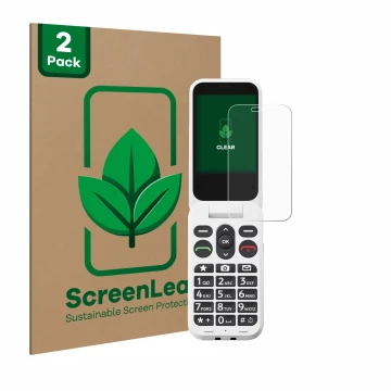 Vorderseite einer Produktverpackung mit dem Markenlogo ScreenLeaf. Daneben ist das Gerät Doro Leva L30 mit dem zugehörigen Dis
