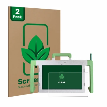 Vorderseite einer Produktverpackung mit dem Markenlogo ScreenLeaf. Daneben ist das Gerät Telemarie Tablet 10.1