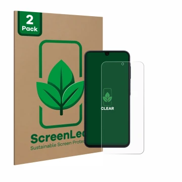 Vorderseite einer Produktverpackung mit dem Markenlogo ScreenLeaf. Daneben ist das Gerät Samsung Galaxy A16 4G mit dem zugehör