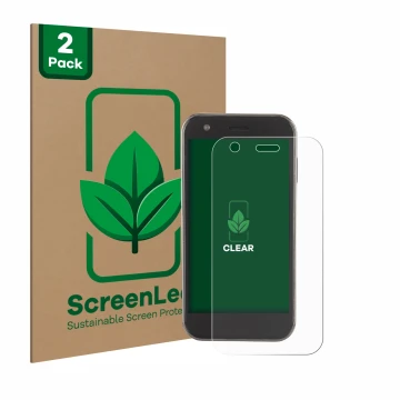 Vorderseite einer Produktverpackung mit dem Markenlogo ScreenLeaf. Daneben ist das Gerät Soyes XS12 mit dem zugehörigen Displa
