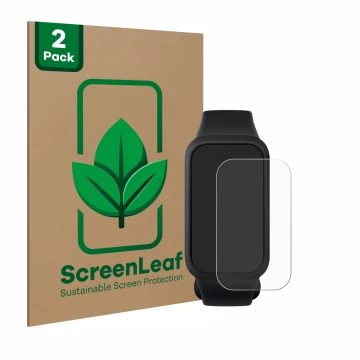Vorderseite einer Produktverpackung mit dem Markenlogo ScreenLeaf. Daneben ist das Gerät Xiaomi Smart Band 9 Active mit dem zu