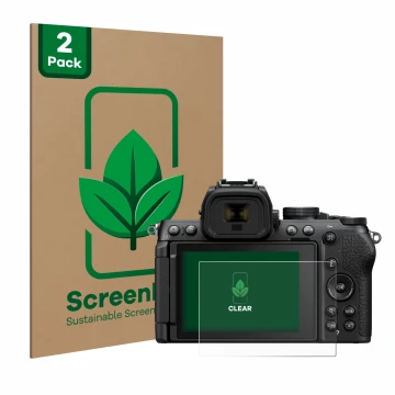Vorderseite einer Produktverpackung mit dem Markenlogo ScreenLeaf. Daneben ist das Gerät Nikon Z50 II mit dem zugehörigen Disp
