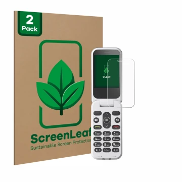 Vorderseite einer Produktverpackung mit dem Markenlogo ScreenLeaf. Daneben ist das Gerät Doro 2820 mit dem zugehörigen Display
