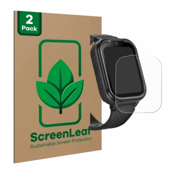 Vorderseite einer Produktverpackung mit dem Markenlogo ScreenLeaf. Daneben ist das Gerät RAYOFI Kids Smartwatch mit dem zugehö