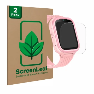 Vorderseite einer Produktverpackung mit dem Markenlogo ScreenLeaf. Daneben ist das Gerät Yuede Kids Smartwatch 1.83
