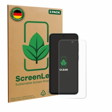Vorderseite einer Produktverpackung mit dem Markenlogo ScreenLeaf. Daneben ist das Gerät Samsung Galaxy A36 5G mit dem zugehör
