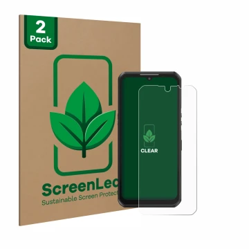 Vorderseite einer Produktverpackung mit dem Markenlogo ScreenLeaf. Daneben ist das Gerät Oukitel WP39 mit dem zugehörigen Disp