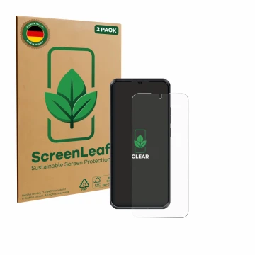 Vorderseite einer Produktverpackung mit dem Markenlogo ScreenLeaf. Daneben ist das Gerät Oukitel WP52 mit dem zugehörigen Disp