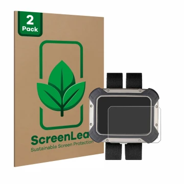 Vorderseite einer Produktverpackung mit dem Markenlogo ScreenLeaf. Daneben ist das Gerät Apeks DSX mit dem zugehörigen Display