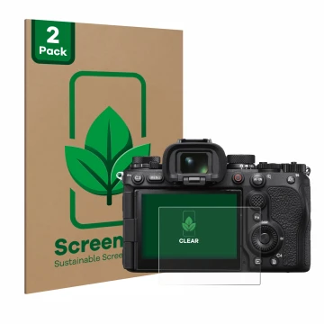 Vorderseite einer Produktverpackung mit dem Markenlogo ScreenLeaf. Daneben ist das Gerät Sony Alpha 1 II (ILCE1M2B) mit dem zu