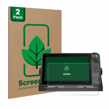 Vorderseite einer Produktverpackung mit dem Markenlogo ScreenLeaf. Daneben ist das Gerät Lowrance HDS-9 Pro mit dem zugehörige