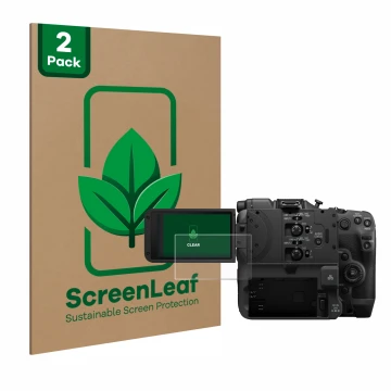 Vorderseite einer Produktverpackung mit dem Markenlogo ScreenLeaf. Daneben ist das Gerät Canon EOS C400 mit dem zugehörigen Di