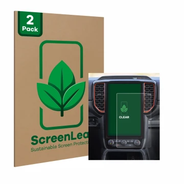 Vorderseite einer Produktverpackung mit dem Markenlogo ScreenLeaf. Daneben ist das Gerät Ford Ranger XLT (2024) mit dem zugehö