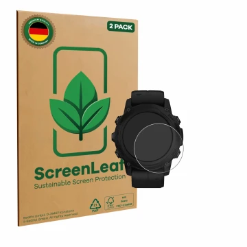 Vorderseite einer Produktverpackung mit dem Markenlogo ScreenLeaf. Daneben ist das Gerät Garmin Descent G1 Solar mit dem zugeh