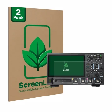 Vorderseite einer Produktverpackung mit dem Markenlogo ScreenLeaf. Daneben ist das Gerät Rigol DHO914 mit dem zugehörigen Disp