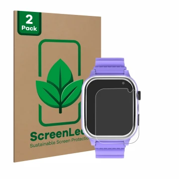 Vorderseite einer Produktverpackung mit dem Markenlogo ScreenLeaf. Daneben ist das Gerät Jubunrer Kids Smartwatch mit dem zuge