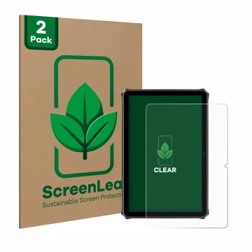 Vorderseite einer Produktverpackung mit dem Markenlogo ScreenLeaf. Daneben ist das Gerät Oukitel RT9 mit dem zugehörigen Displ