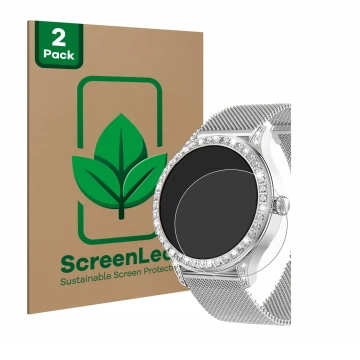 Vorderseite einer Produktverpackung mit dem Markenlogo ScreenLeaf. Daneben ist das Gerät Powerwill Smartwatch 1.27