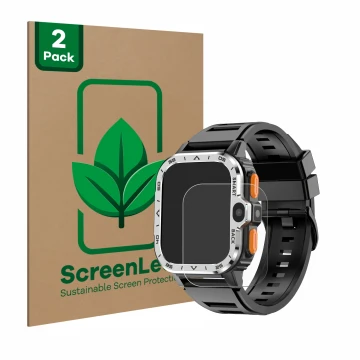 Vorderseite einer Produktverpackung mit dem Markenlogo ScreenLeaf. Daneben ist das Gerät HS Smartwatch 2