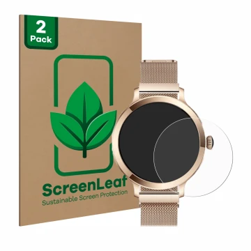 Vorderseite einer Produktverpackung mit dem Markenlogo ScreenLeaf. Daneben ist das Gerät Bekomiya Smartwatch 1.1