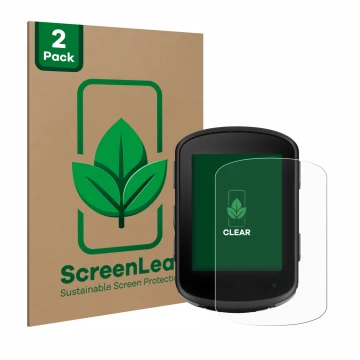 Vorderseite einer Produktverpackung mit dem Markenlogo ScreenLeaf. Daneben ist das Gerät Garmin Edge 840 Solar mit dem zugehör