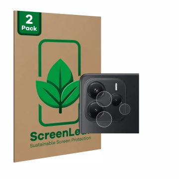Vorderseite einer Produktverpackung mit dem Markenlogo ScreenLeaf. Daneben ist das Gerät Xiaomi Redmi Note 14 (NUR Kameraschut