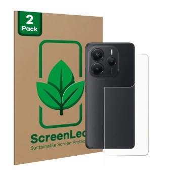 Vorderseite einer Produktverpackung mit dem Markenlogo ScreenLeaf. Daneben ist das Gerät Xiaomi Redmi Note 14 (Rückseite) mit 