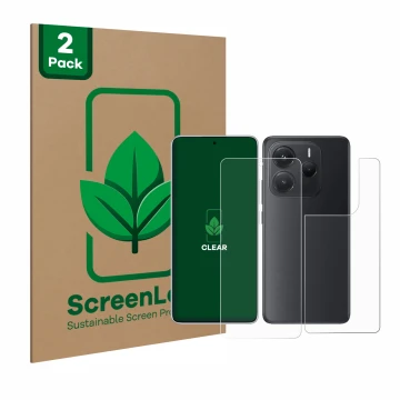 Vorderseite einer Produktverpackung mit dem Markenlogo ScreenLeaf. Daneben ist das Gerät Xiaomi Redmi Note 14 (Display+Rücksei