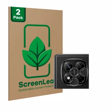 Vorderseite einer Produktverpackung mit dem Markenlogo ScreenLeaf. Daneben ist das Gerät Xiaomi Redmi Note 14 Pro (NUR Kameras