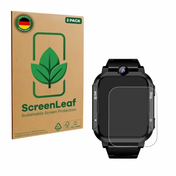 Vorderseite einer Produktverpackung mit dem Markenlogo ScreenLeaf. Daneben ist das Gerät Blackview Z20 Kids Smartwatch mit dem