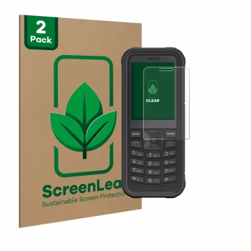 Vorderseite einer Produktverpackung mit dem Markenlogo ScreenLeaf. Daneben ist das Gerät Sonim XP100 mit dem zugehörigen Displ