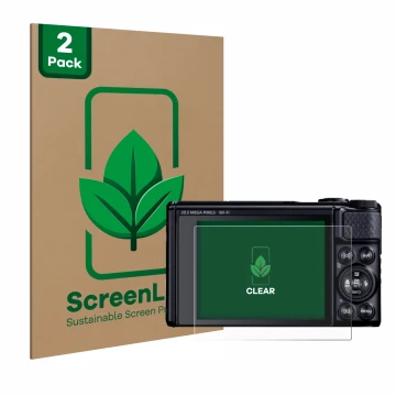 Vorderseite einer Produktverpackung mit dem Markenlogo ScreenLeaf. Daneben ist das Gerät Canon PowerShot SX740 HS Lite mit dem