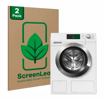 Vorderseite einer Produktverpackung mit dem Markenlogo ScreenLeaf. Daneben ist das Gerät Miele WEH875 mit dem zugehörigen Disp