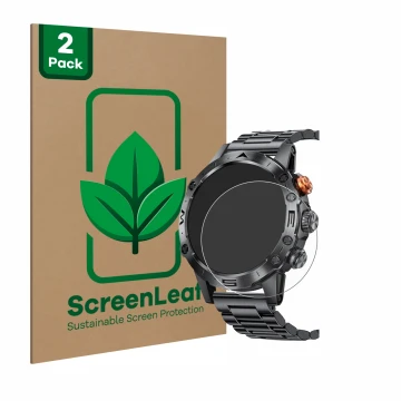 Vorderseite einer Produktverpackung mit dem Markenlogo ScreenLeaf. Daneben ist das Gerät DekeFit MT43PRO 1.53