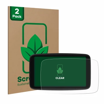 Vorderseite einer Produktverpackung mit dem Markenlogo ScreenLeaf. Daneben ist das Gerät TomTom GO Advanced mit dem zugehörige