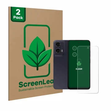 Vorderseite einer Produktverpackung mit dem Markenlogo ScreenLeaf. Daneben ist das Gerät Motorola Moto G35 (Display+Kamera) mi