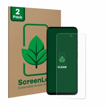 Vorderseite einer Produktverpackung mit dem Markenlogo ScreenLeaf. Daneben ist das Gerät Motorola Moto G15 Power mit dem zugeh