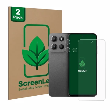 Vorderseite einer Produktverpackung mit dem Markenlogo ScreenLeaf. Daneben ist das Gerät Motorola Moto G15 Power (Display+Kame