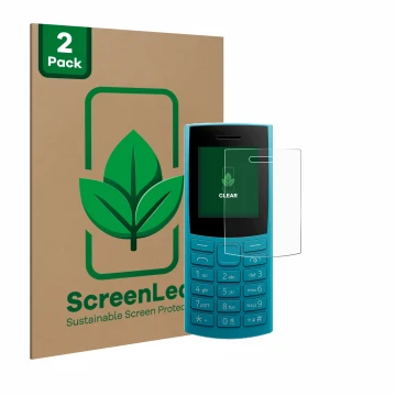 Vorderseite einer Produktverpackung mit dem Markenlogo ScreenLeaf. Daneben ist das Gerät Nokia 105 4G 2nd Edition mit dem zuge