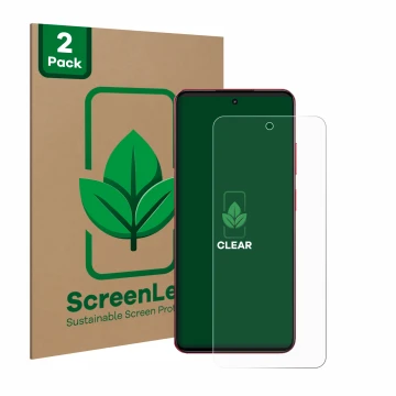 Vorderseite einer Produktverpackung mit dem Markenlogo ScreenLeaf. Daneben ist das Gerät realme 14x mit dem zugehörigen Displa
