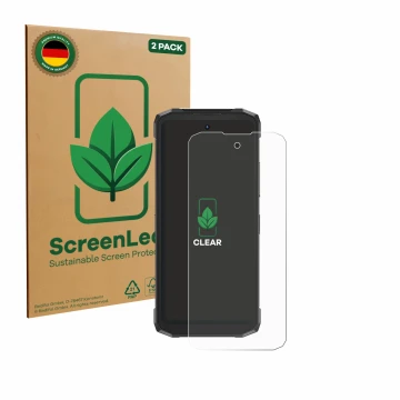 Vorderseite einer Produktverpackung mit dem Markenlogo ScreenLeaf. Daneben ist das Gerät Doogee Fire 6 Power mit dem zugehörig