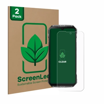 Vorderseite einer Produktverpackung mit dem Markenlogo ScreenLeaf. Daneben ist das Gerät Doogee S Cyber mit dem zugehörigen Di