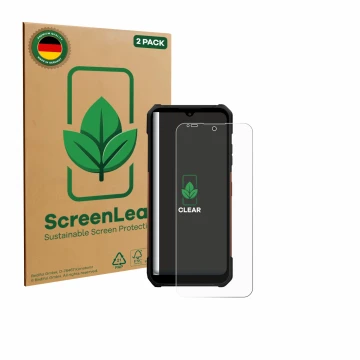 Vorderseite einer Produktverpackung mit dem Markenlogo ScreenLeaf. Daneben ist das Gerät myPhone Hammer Construction 2 Thermal