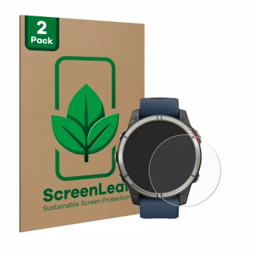 Vorderseite einer Produktverpackung mit dem Markenlogo ScreenLeaf. Daneben ist das Gerät Garmin quatix 7 Pro mit dem zugehörig