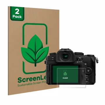 Vorderseite einer Produktverpackung mit dem Markenlogo ScreenLeaf. Daneben ist das Gerät Panasonic Lumix DC-G97 mit dem zugehö