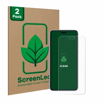 Vorderseite einer Produktverpackung mit dem Markenlogo ScreenLeaf. Daneben ist das Gerät Honor Magic 7 RSR mit dem zugehörigen
